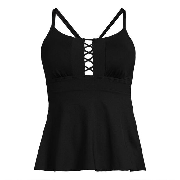 Land's End Lace Up Flutter Tankini Top swim Adjustable Straps Black size 10 - Picture 1 of 5